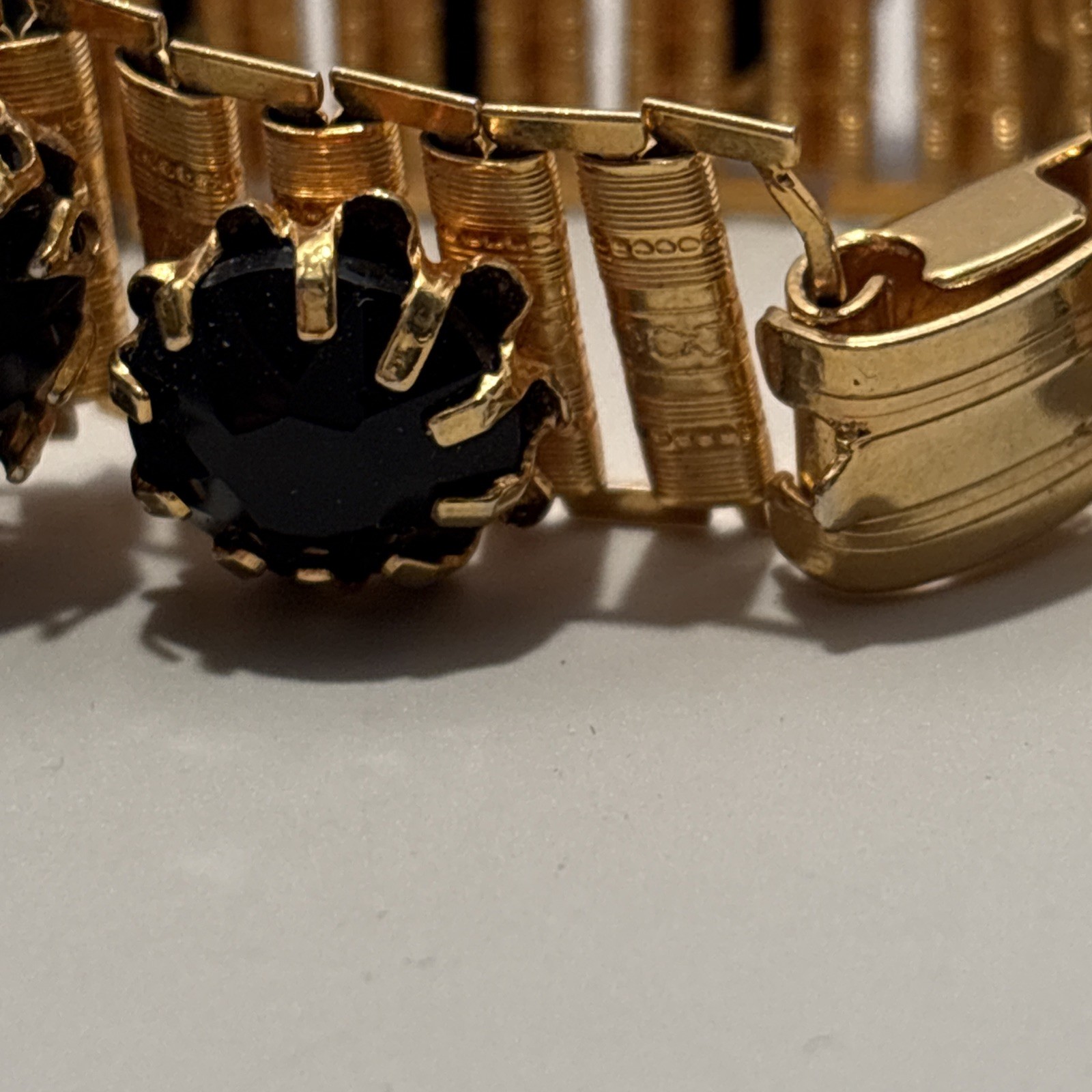 Vintage 1950’s Black Onyx Faceted Crystal Link Bracelet Fit a 6.5” Wrist. J-41