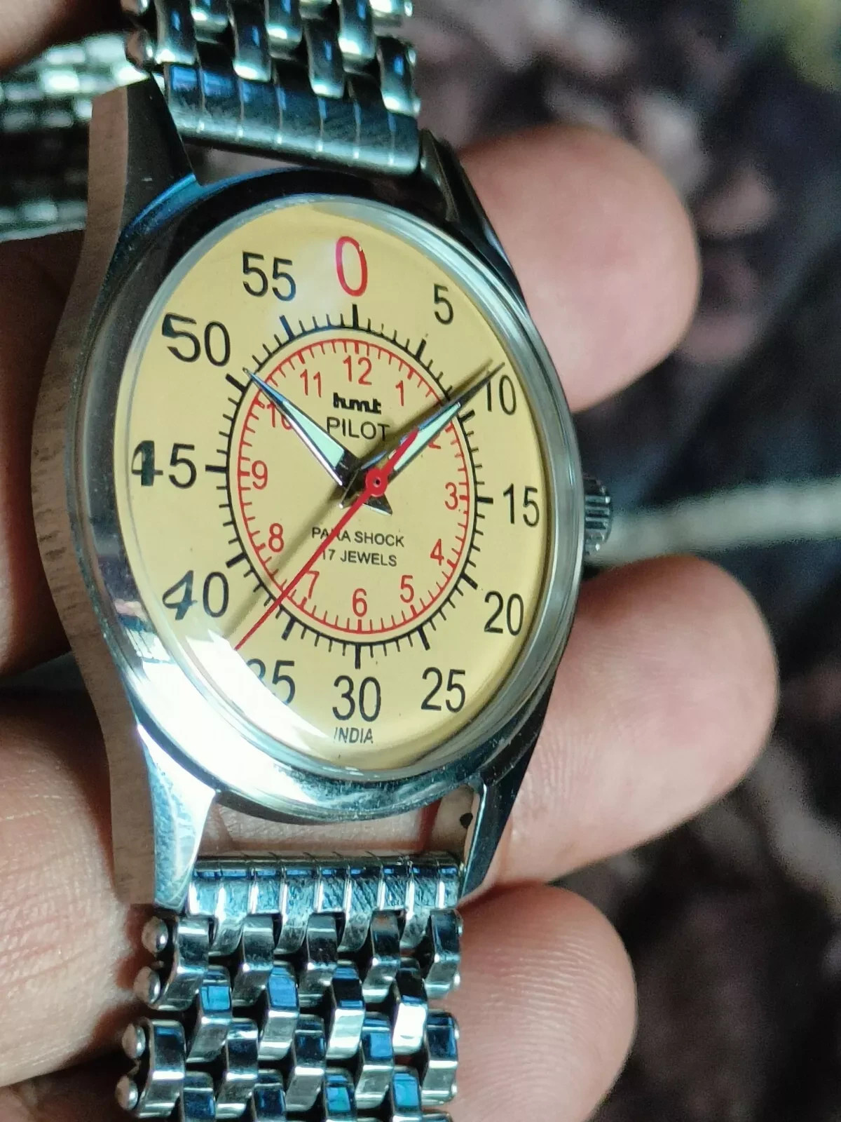 Vintage HMT Pilot Yellow Mechanical hand winding Watch Bracelet Strap 17 Jewels*