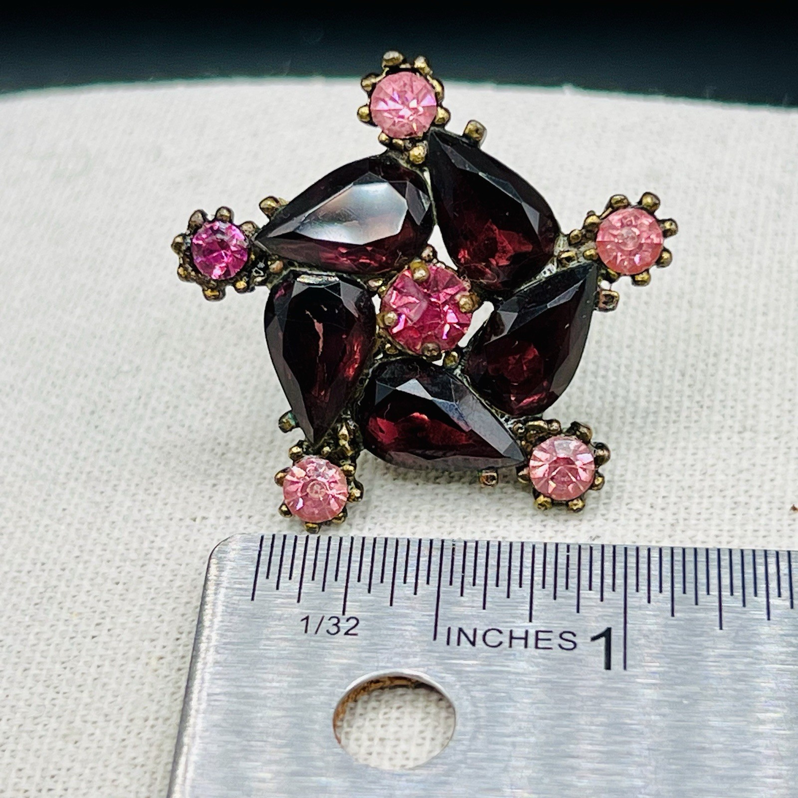 Vintage Garnet Red Plum Rhinestone Brooch Clip Earring Set Gothic Glam Statement