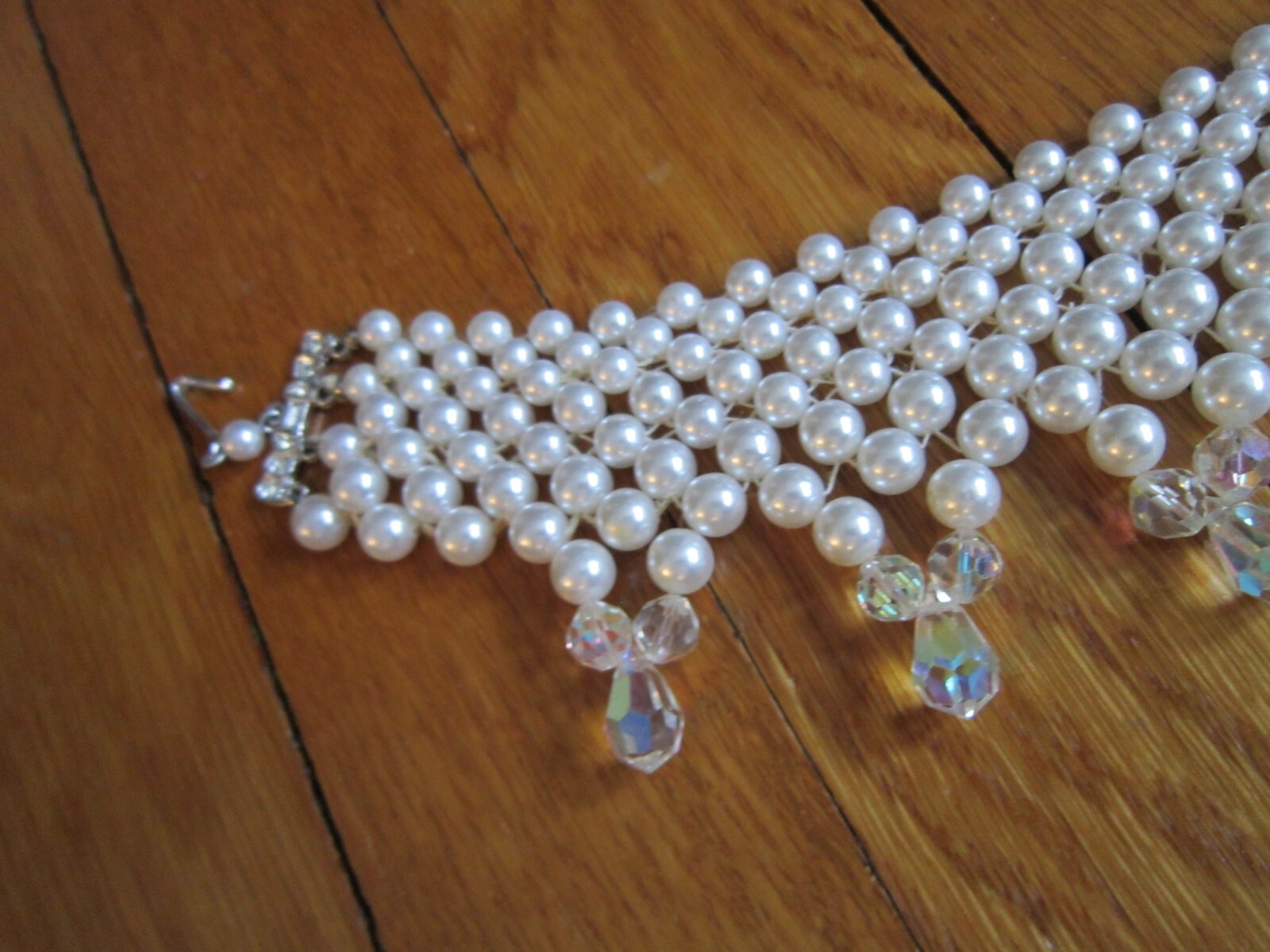 Vtg Faux Pearl Crystal Bead Choker Necklace Layered Bib Statement Wedding Retro