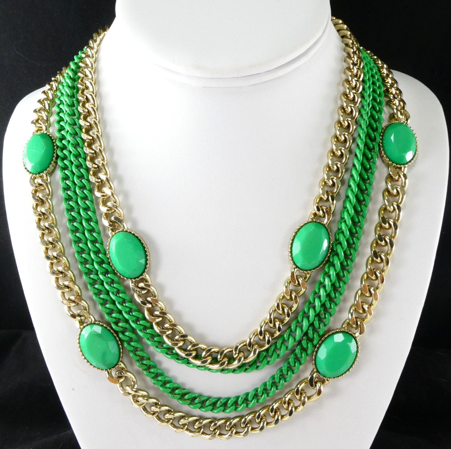 Multi Chain Necklace Gold & Green Enamel Oval Accents Designer Quality