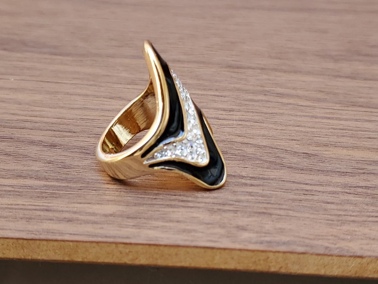 Vintage 18K Yellow Gold Plated Black Enamel And Rhinestones Ring Size 8