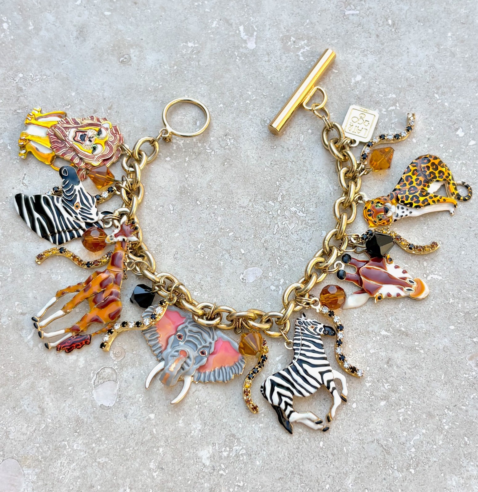 LUNCH AT THE RITZ Signed Safari Animals Charm Bracelet Enamel Rhinestones