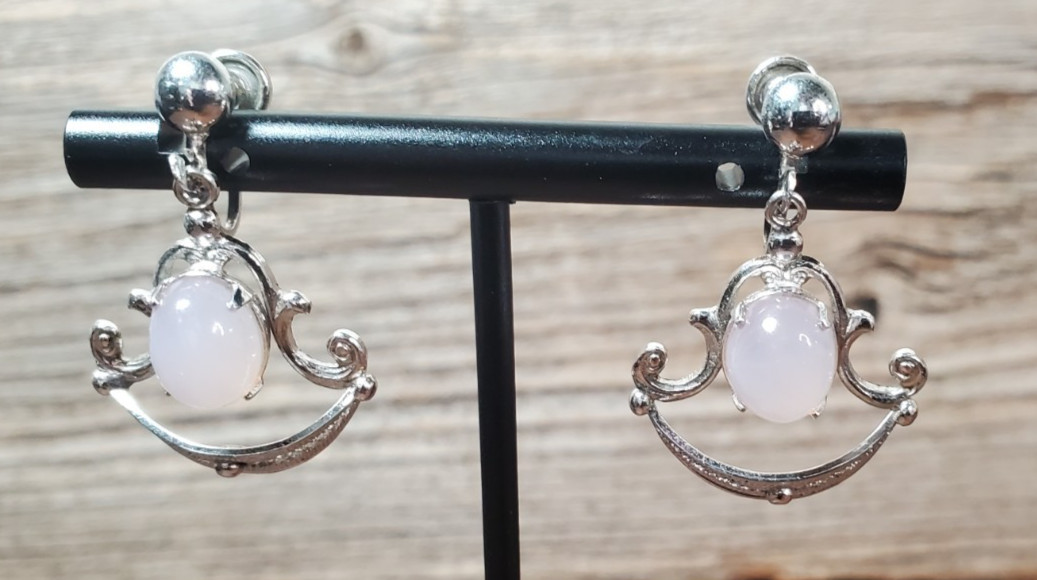 Vintage Sorrento Sterling Silver Screw Back Oval Rose Cabochon Dangle Earring