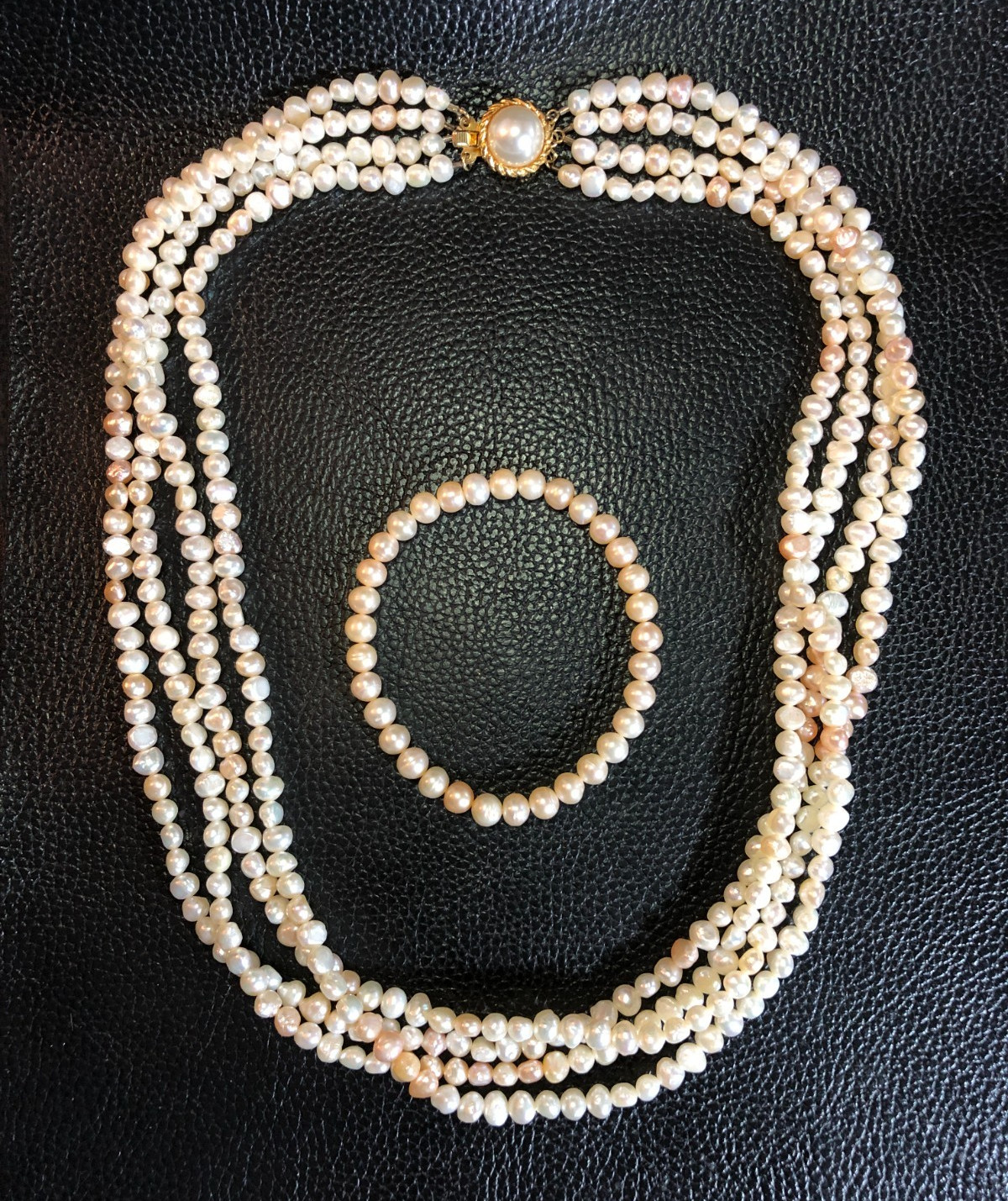 Vintage Peach Cream Cultured Pearl Multi Strand Necklace +Stretch Bracelet P9