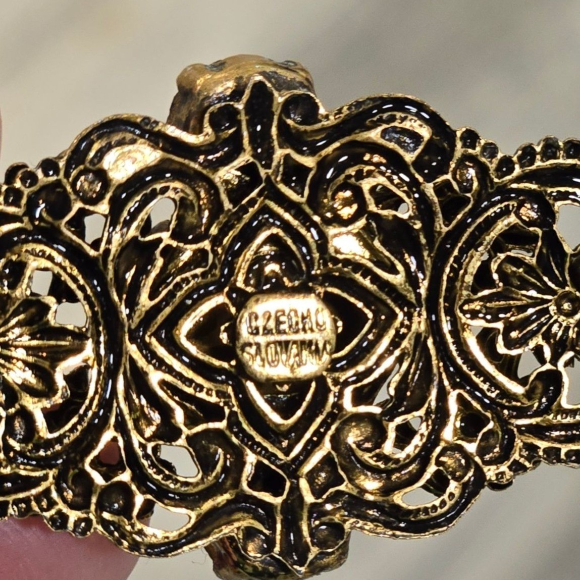 Antique Brooch Czech Glass Brass Filigree Pin Ruby Red Purple Czechoslovakia