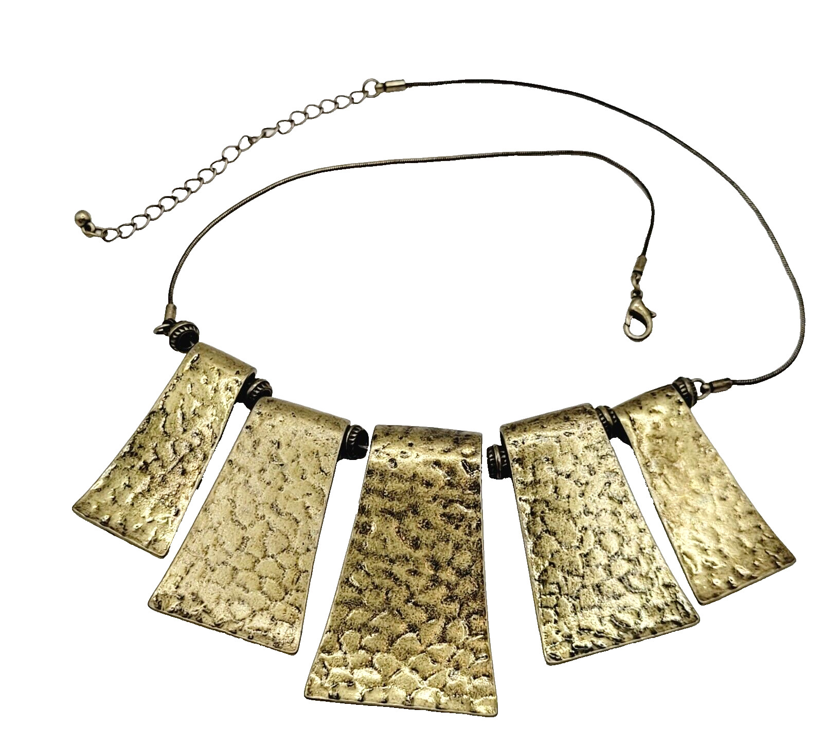 Exotic Hammered Style 5 Metal Plate Bib Necklace Brutalist Cleopatra Look 21 In