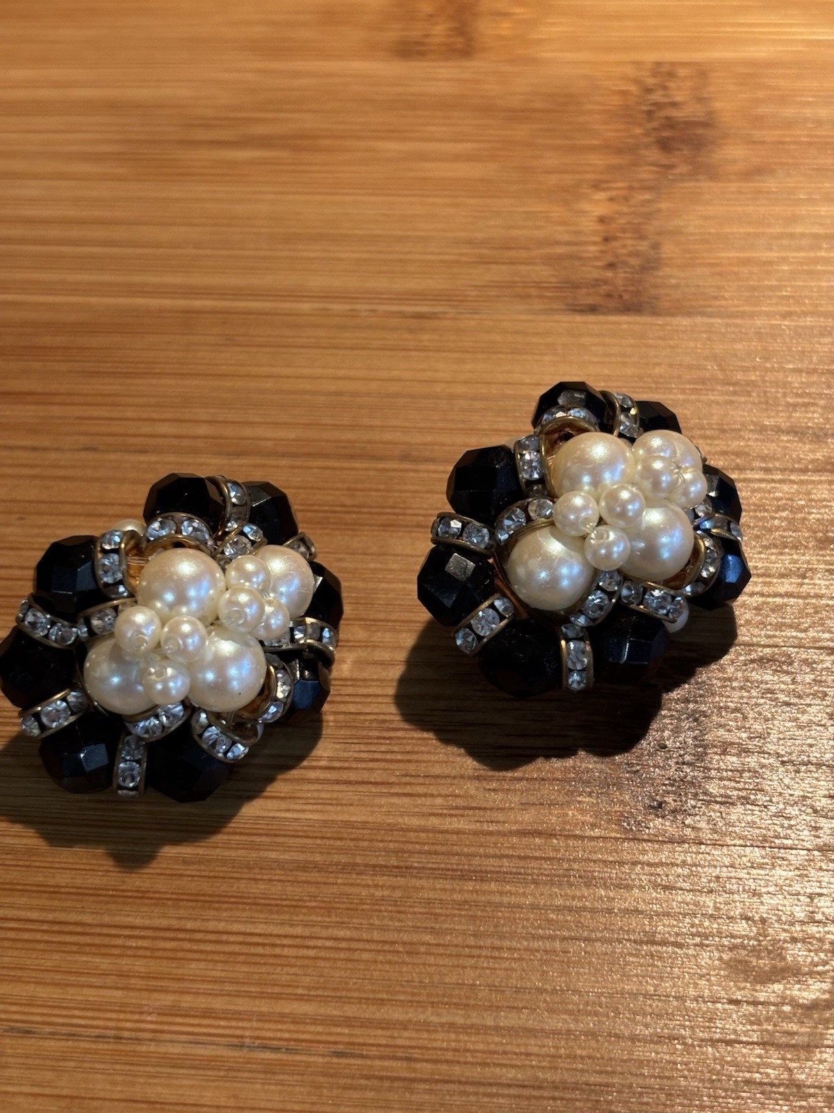 Vintage Muti- Faceted Black Cluster Bead Faux Pearl Earrings with Rhinestones