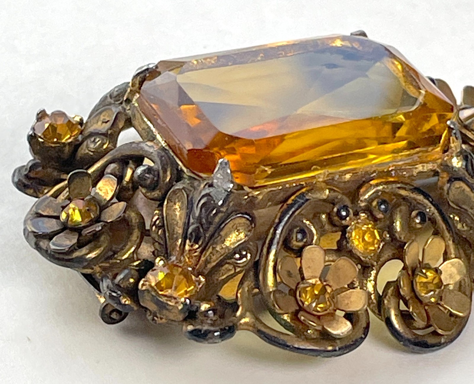Victorian Clip Brooch | Massive Faux Citrine in Goldtone Metal – Astonishing!