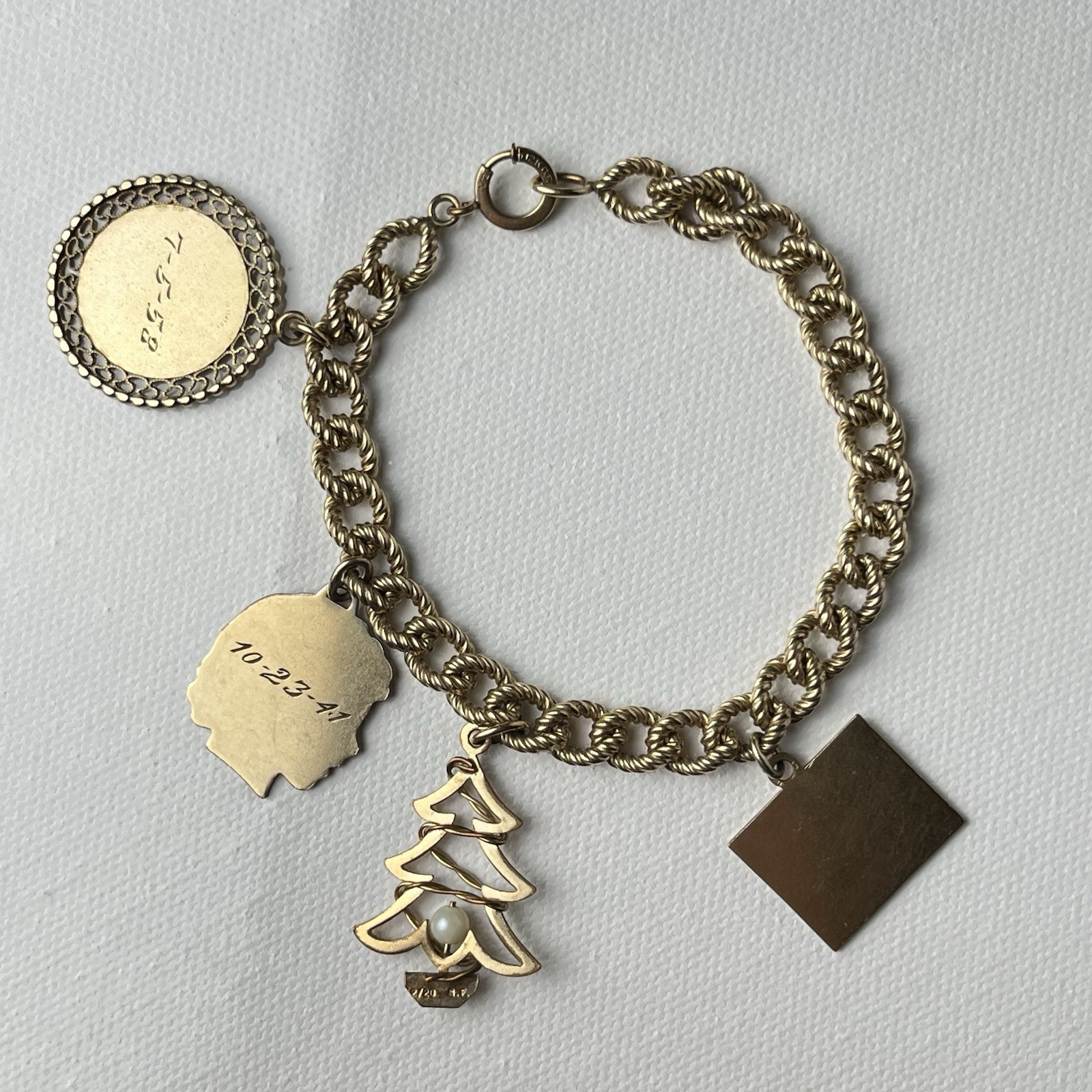Vintage 12k Gold Filled Charm Bracelet Curb Link twisted rope 6.75 in (6 3/4 in)