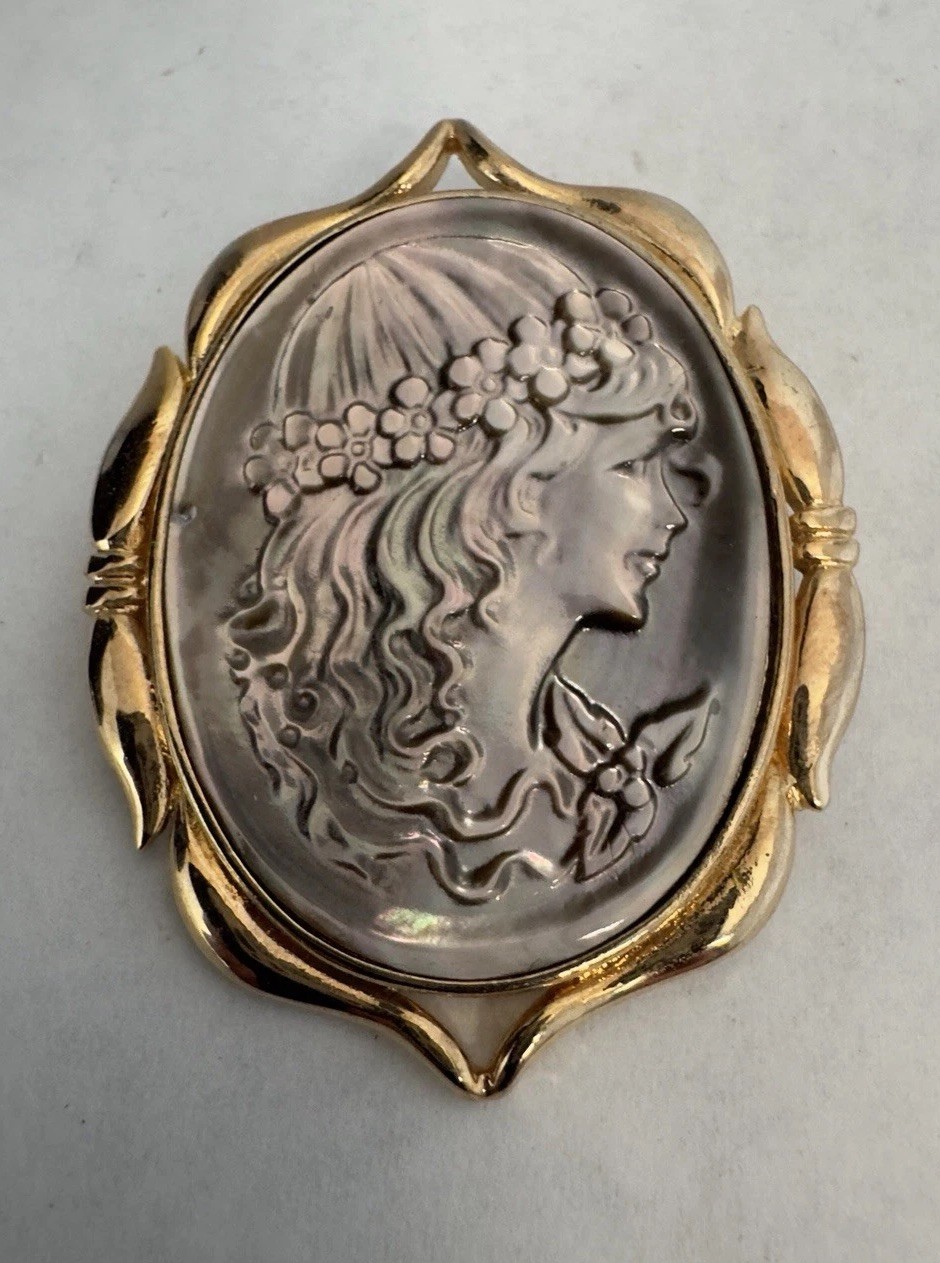Vintage Cameo Brooch Pendant Combo Mother of Pearl Iridescent