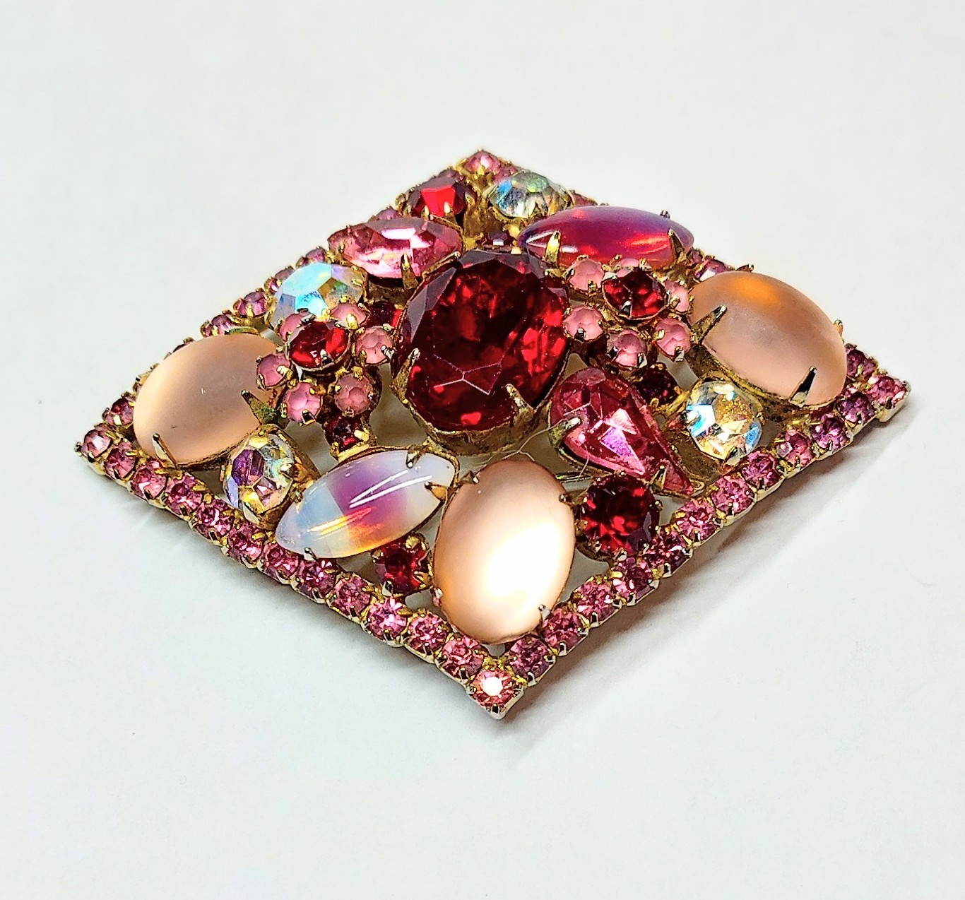 Vintage Stunning Givre Pink Red Clear AB Rhinestone Brooch Pin Clip Earrings