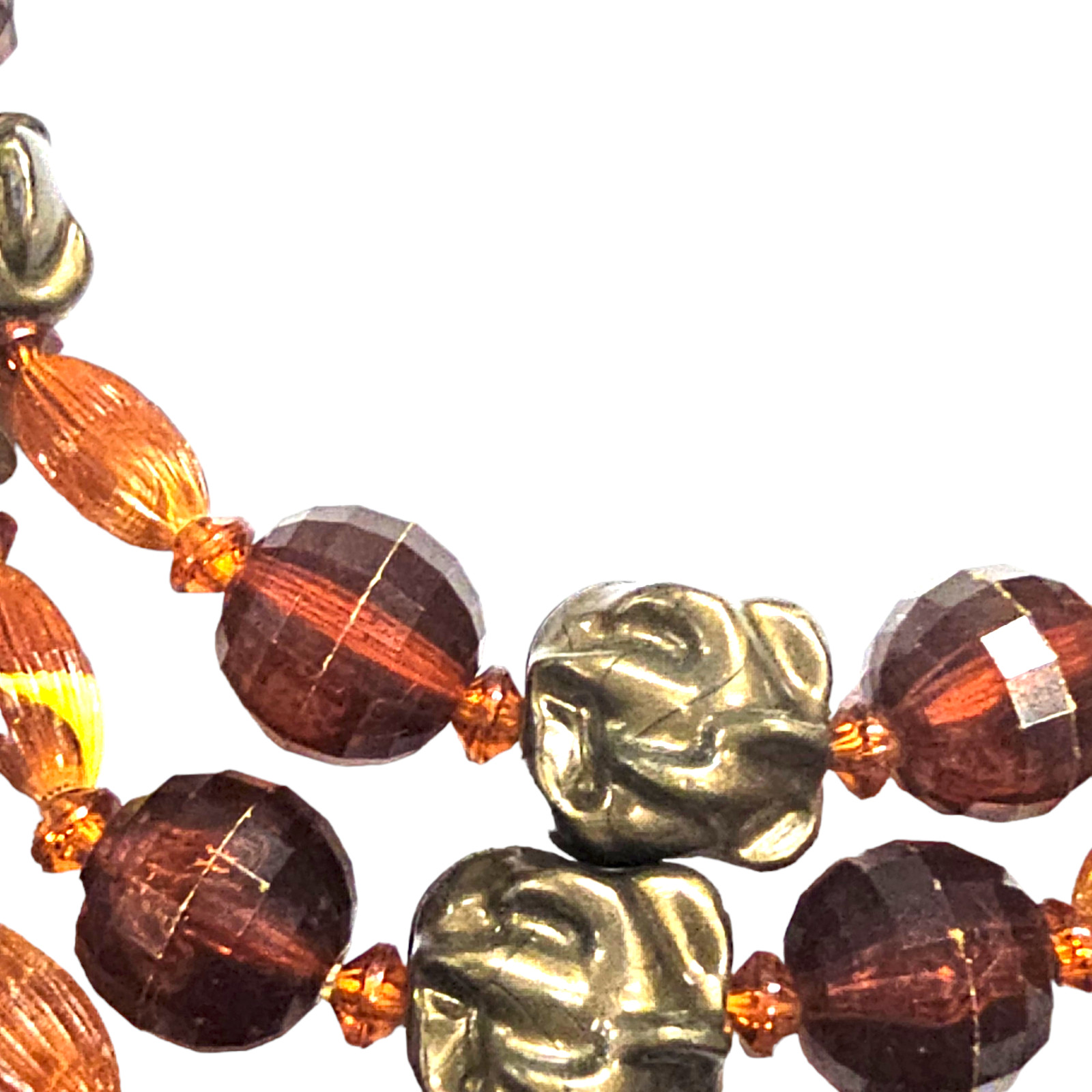 VTG 3-Strand Amber Color Bronze Bead Necklace Lucite & Glass Jewelry 14″