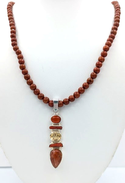 Vintage Sterling Silver Carnelian Citrine Pendant Necklace Goldstone