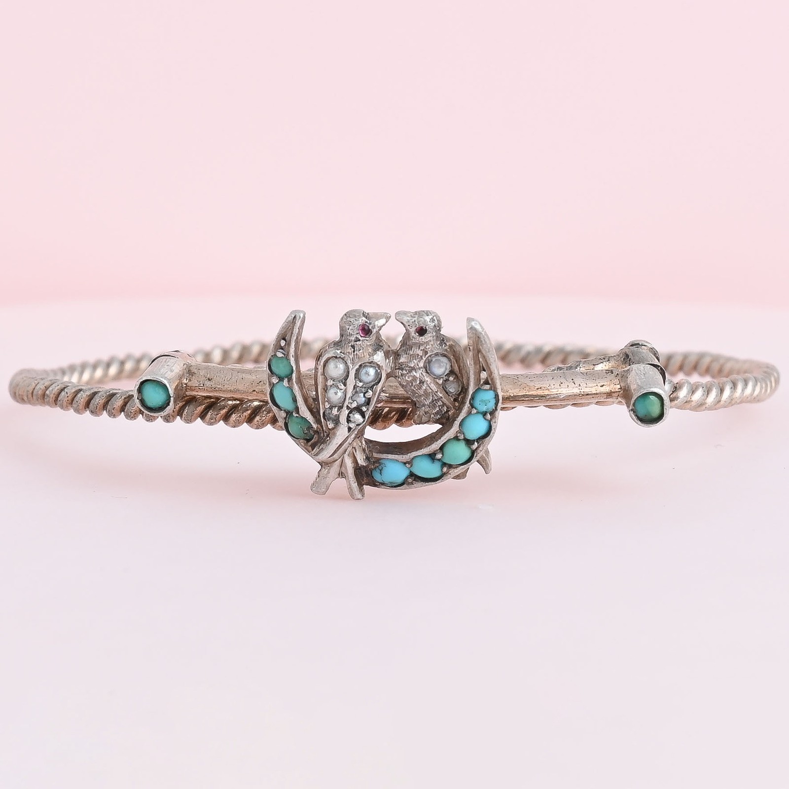 Antique Victorian Crescent Moon Swallow Bird Turquoise Sterling Silver Bracelet
