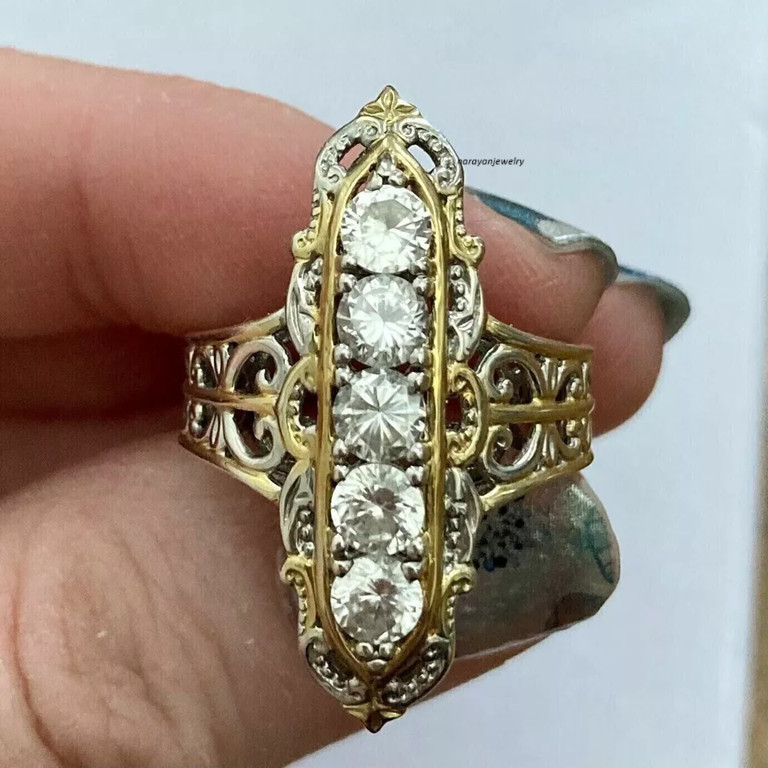 Navette Vintage 1.50Ct Round Cut Diamonds CZ Barr Ring 14K Two Tone Gold Finish