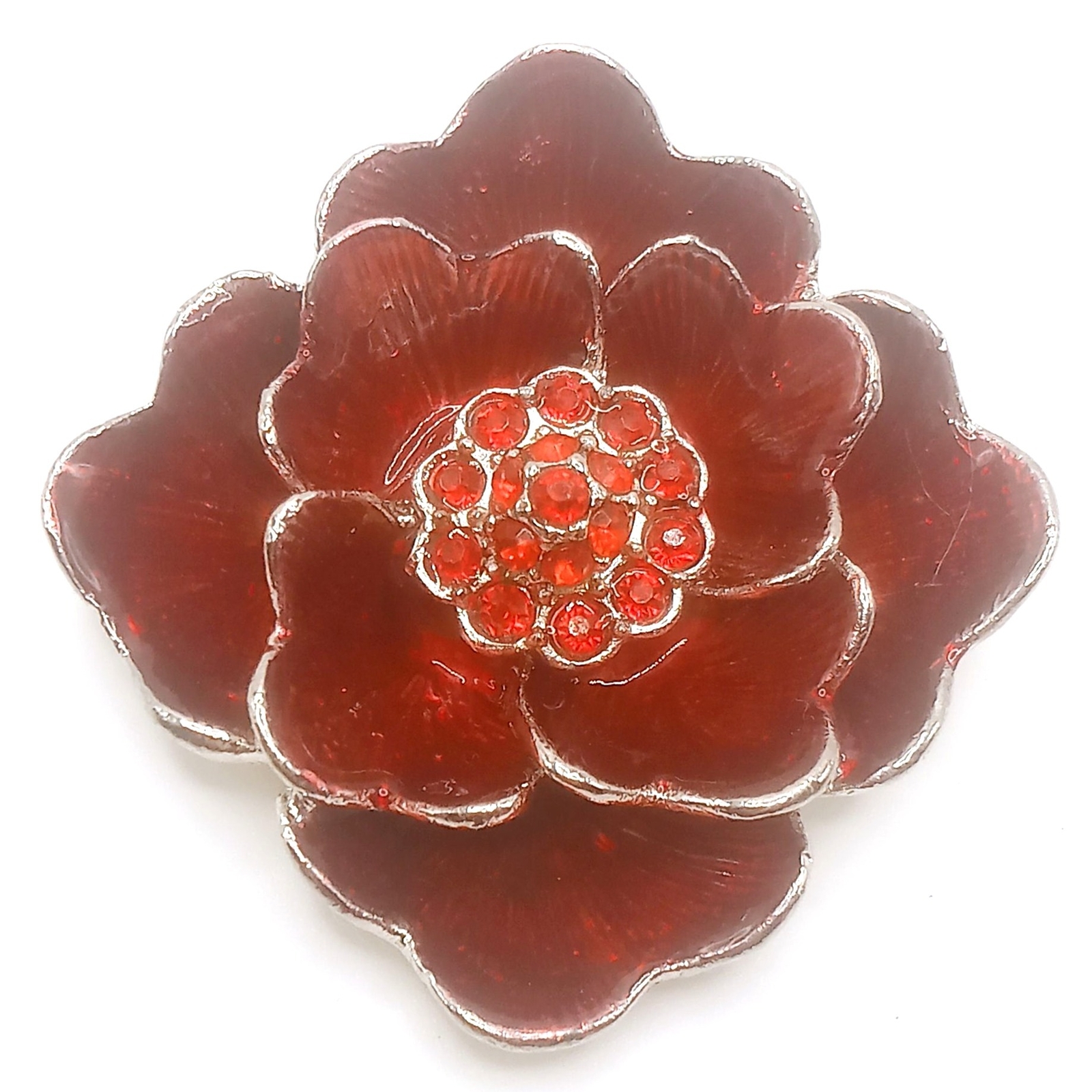 Vintage Brooch Floral Silver-tone Metal Alloy Red Enamel Rhinestone 2″ Diameter