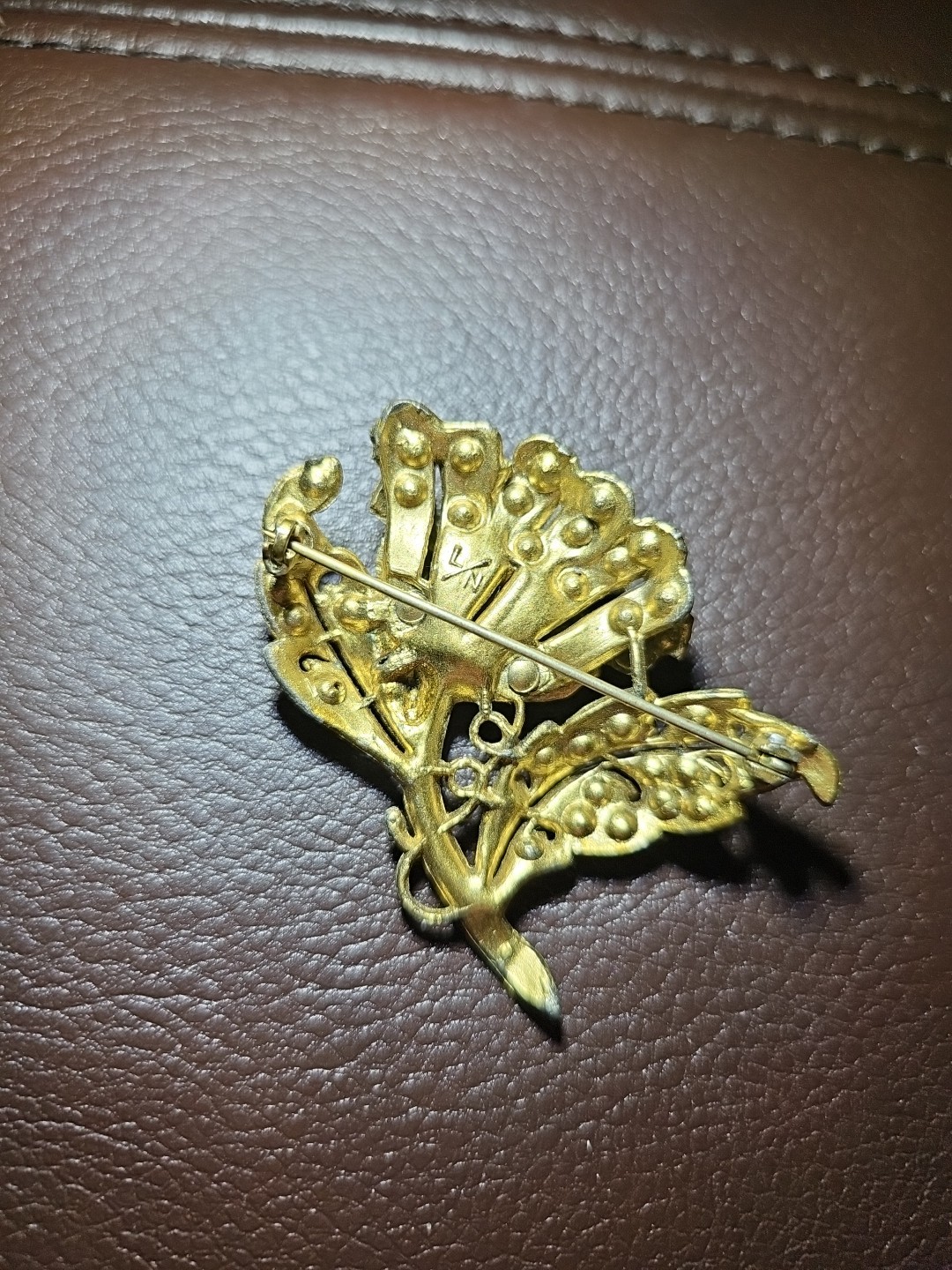 Vintage 40s Brooch LN Little Nemo Flower Clear Stones Gold Toned