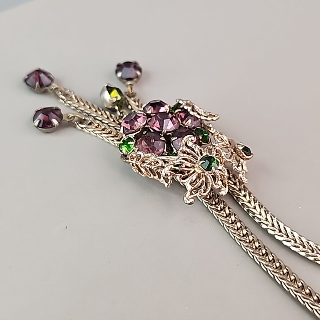 Vintage Rhinestone Necklace Purple Tassel Gold Tone Foxtail 15″