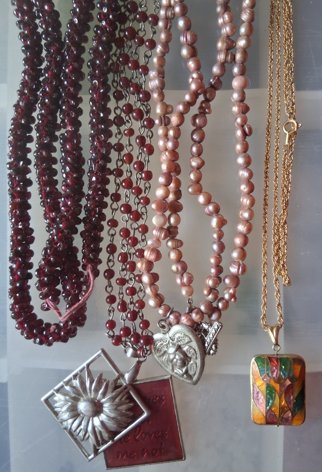 Lot of 4 necklaces garnet pearl cloisonne silver gold tone