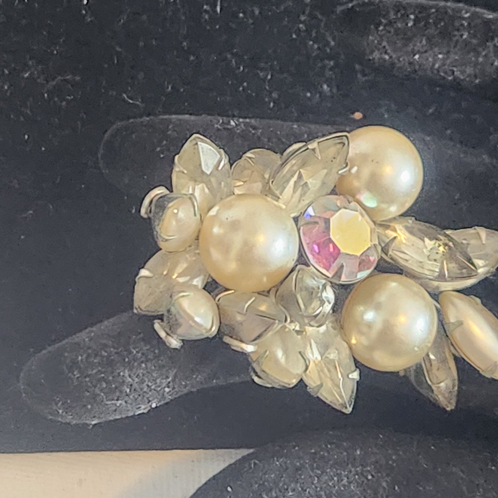 Vintage Aurora Borealis Rhinestone and Faux Pearl Cluster Clip On Earring Brooch
