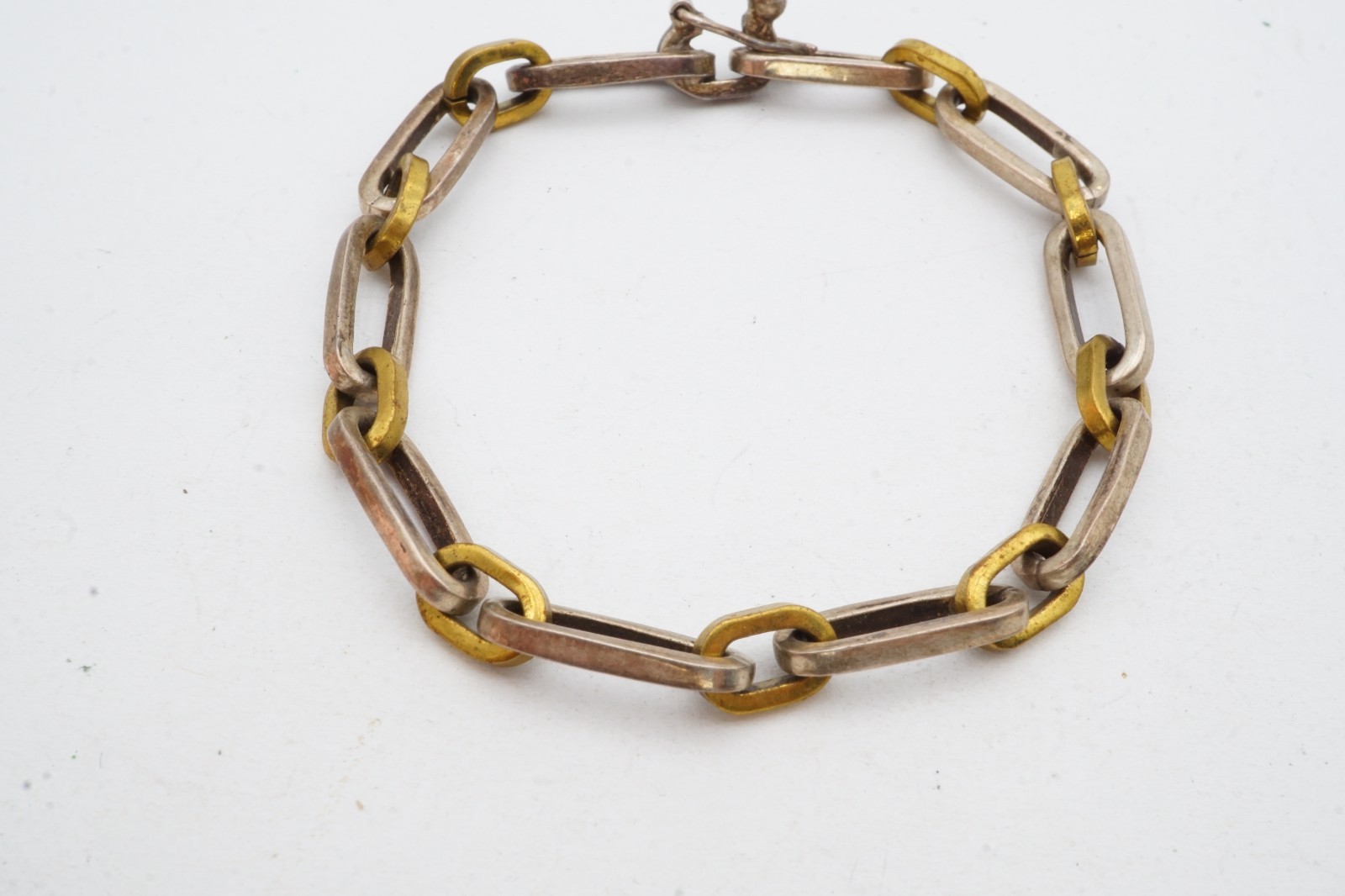 Vintage Taxco Mexico Sterling Silver 925 & Brass Oval Link Bracelet 7.75″