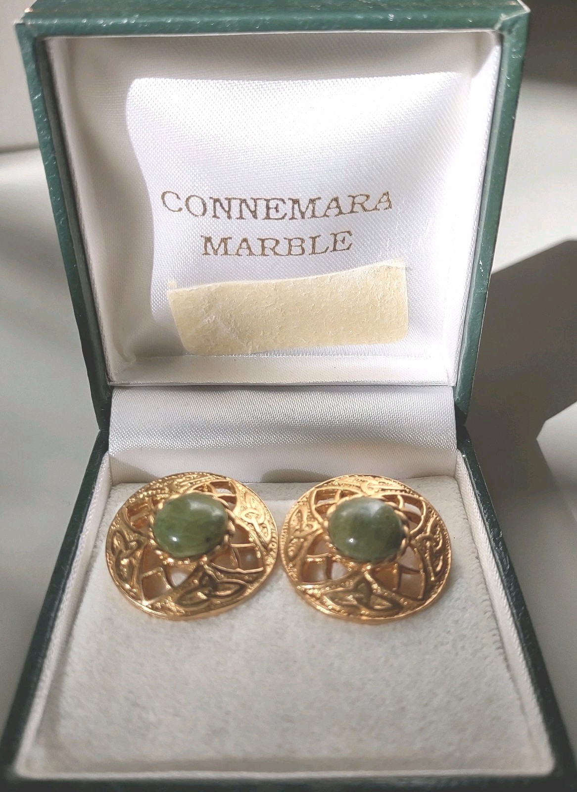 Vintage Connemara Marble And Gold Tone Clip Earrings In Gift Box