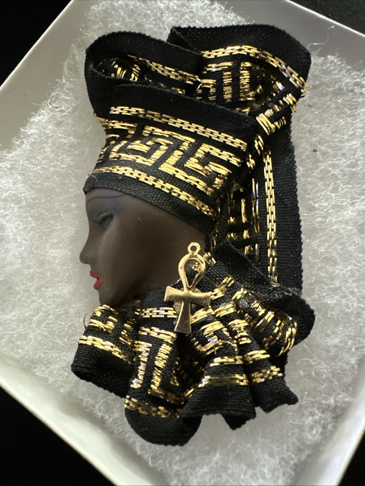 Vintage Signed Jaretta African American Lady Brooch Pin Black Gold Gele Headwrap