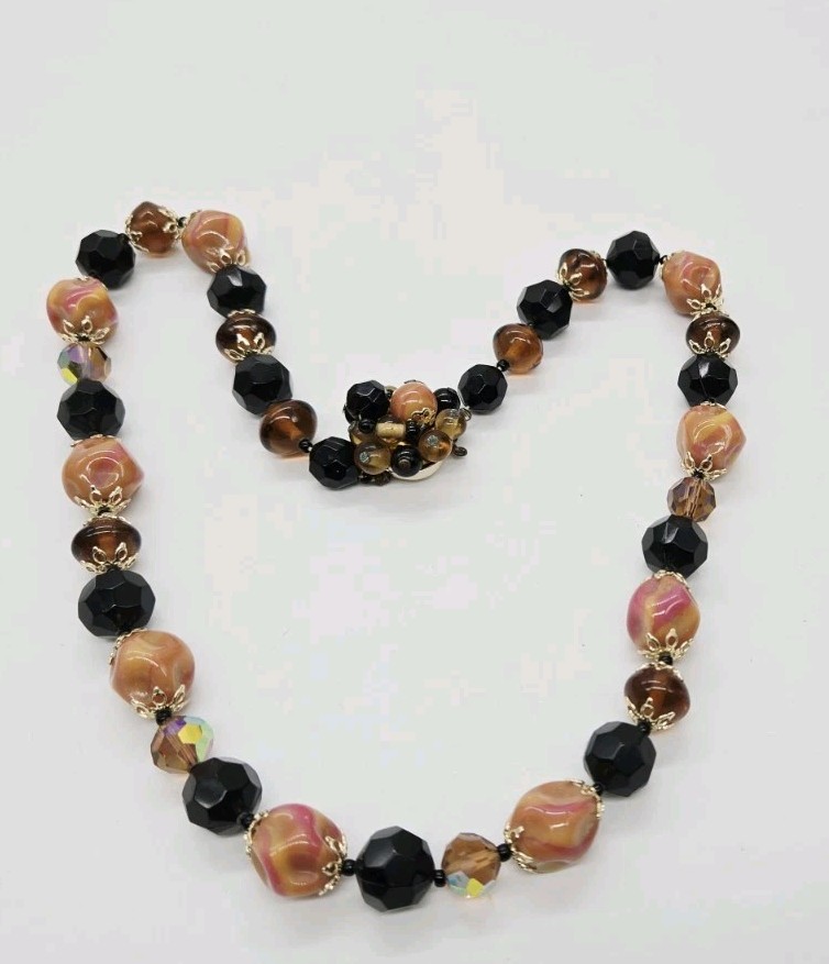 Necklace Amber Brown Peach Multicolored Glass Beaded Signed JAPAN 21 in