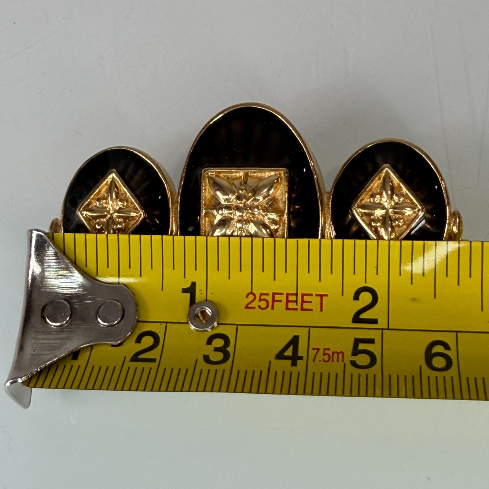 Monet Black Enamel and Gold Tone Three ovals bar Vintage Brooch Signed