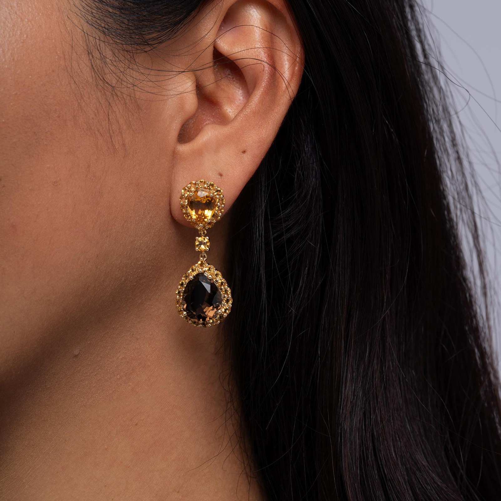 Vintage Mid Century Smoky Quartz & Citrine Double Drop Estate Earrings