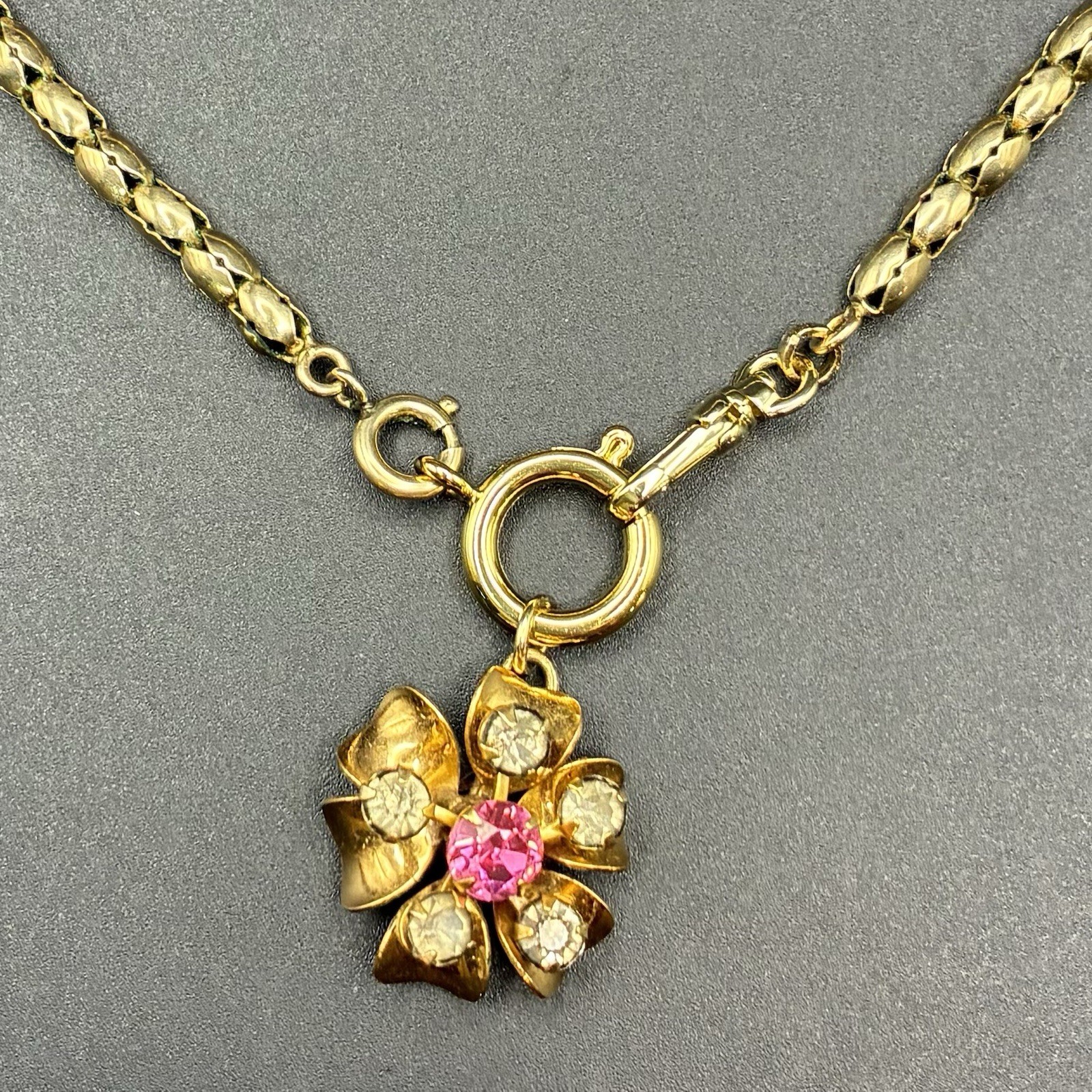 Vintage 12k Gold Filled Pocket Watch Sugar-Puff Link Chain FOB Dog Clip,Pink Gem