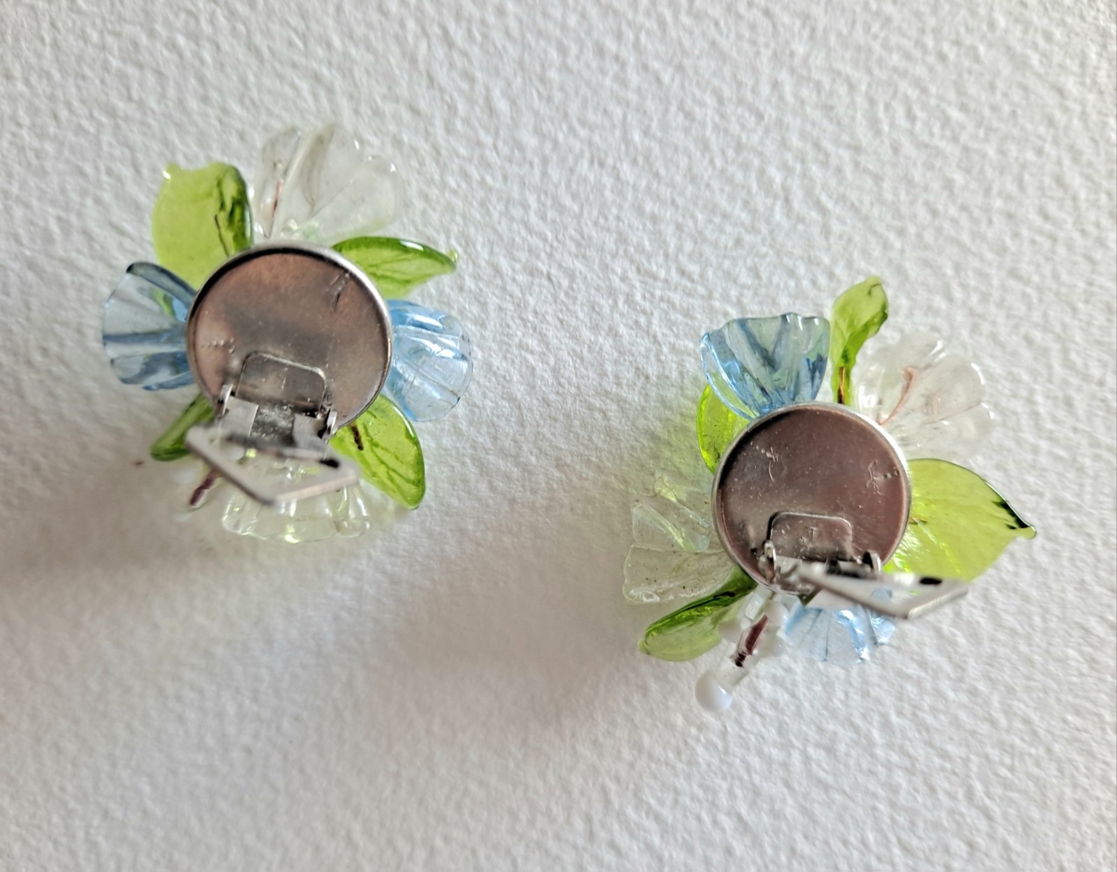 Vintage Italy Murano Blue Venetian Glass Flower Cluster Clip Earrings