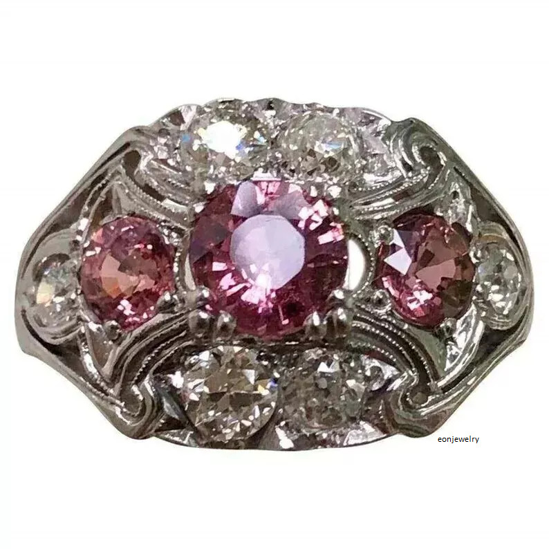 14K Gold FN Antique Art Deco Round Cut Ruby & Lab Created Diamond Wedding Ring