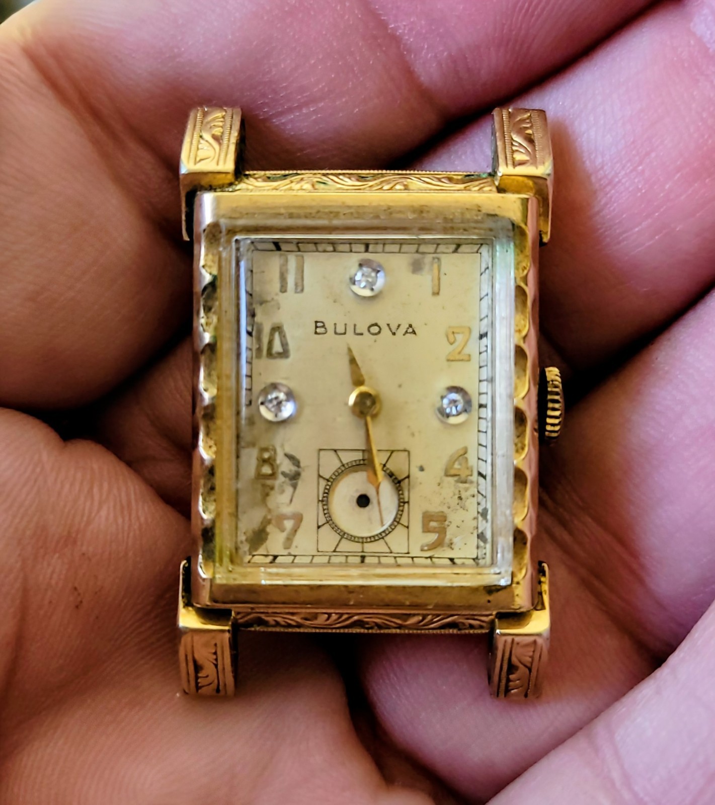 Vintage Bulova 10K Rolled Gold Plate Wristwatch With 3 Diamond Dial c1948