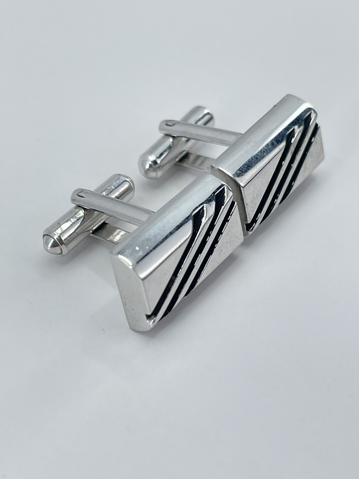 Cufflinks Rectangle Silver tone with horizontal black enamel lines