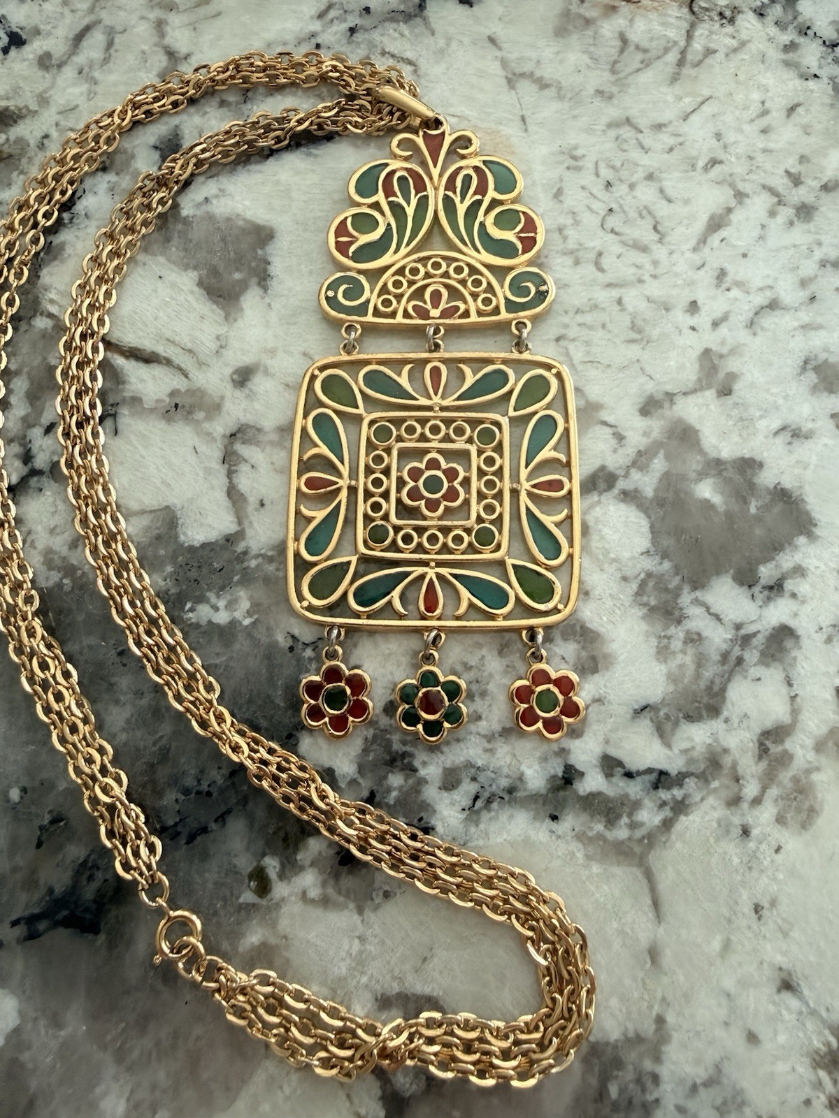 Trifari Plique a Jour Necklace Gold Tone Red Green Stained Glass Pendant Vintage