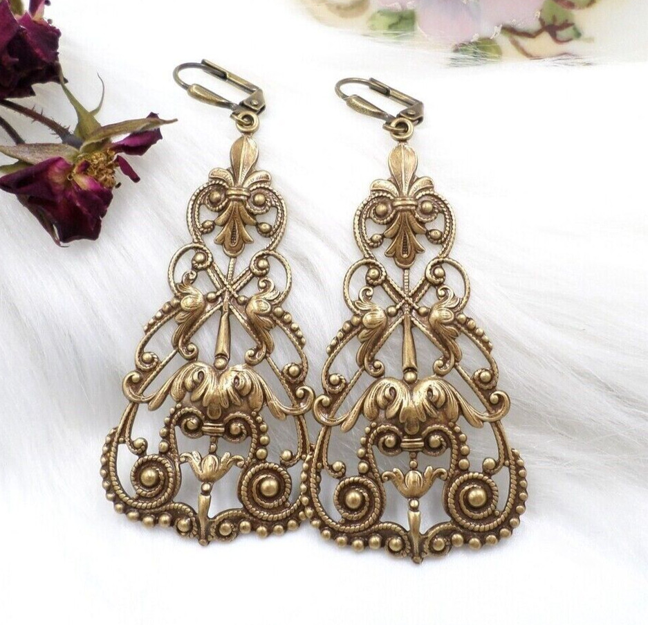 Large Brass Filigree Statement Earrings, Victorian Reproduction Jewelry, Tudor