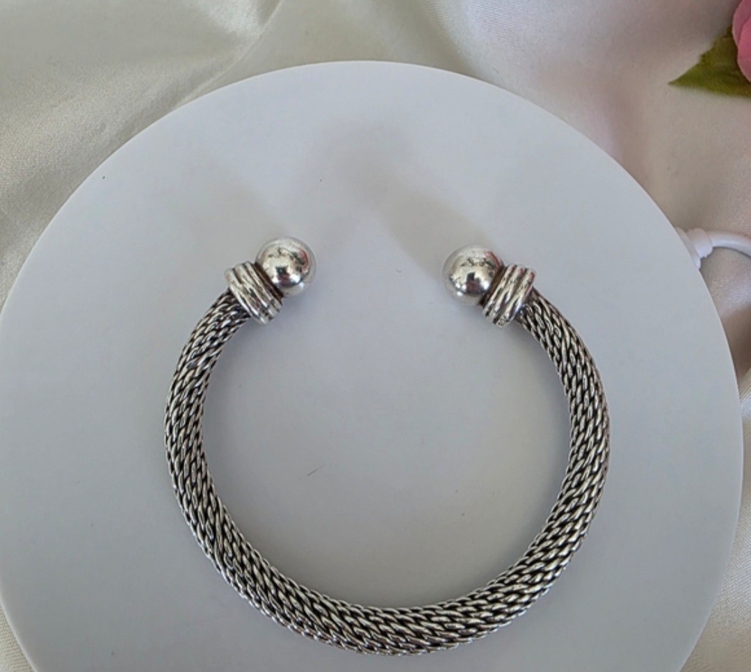 Sterling Silver Mesh Ball Cuff Bracelet Vintage 925