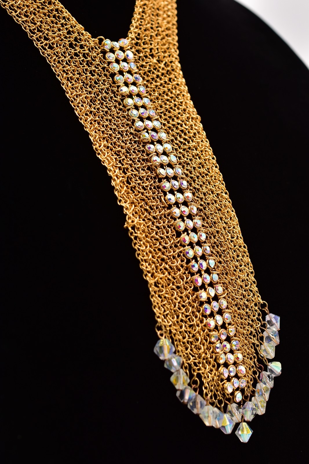 Felicia Vintage Gold Mesh Bib Necklace AB Rhinestone Crystal Fringe 1990s BinBN
