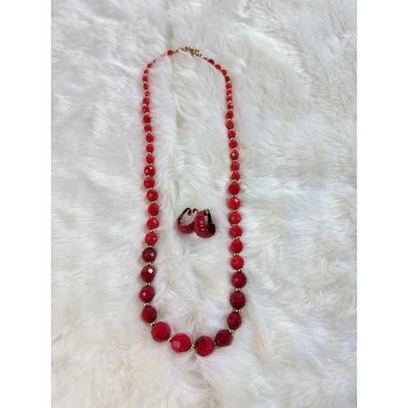 Vintage Red Faceted Bead Necklace and Matching Red Enamel Clip On Hoop Earrings