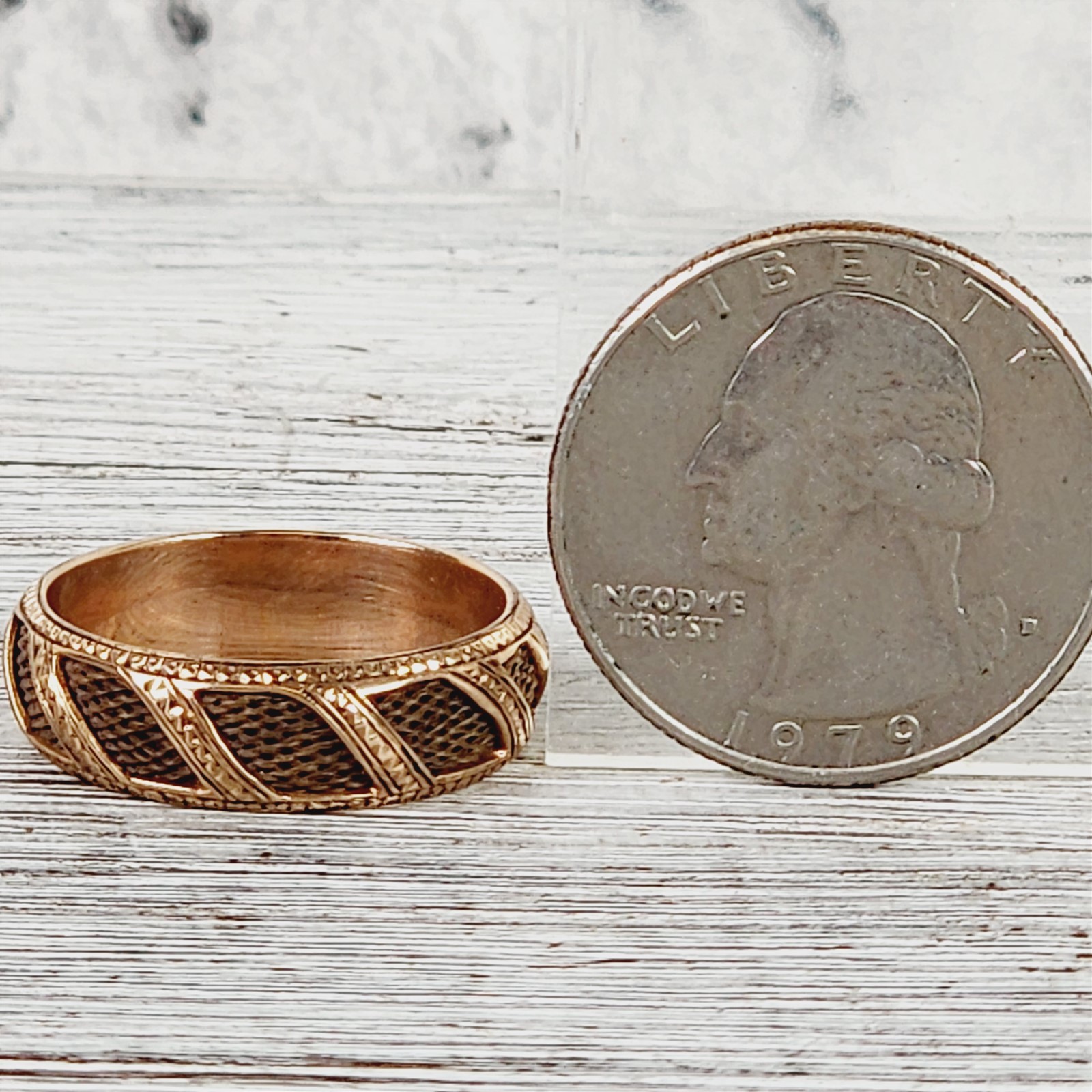 Victorian 10K Yellow Gold Hair 6.4mm Etched Band Ring 8.75 Antique Mourning