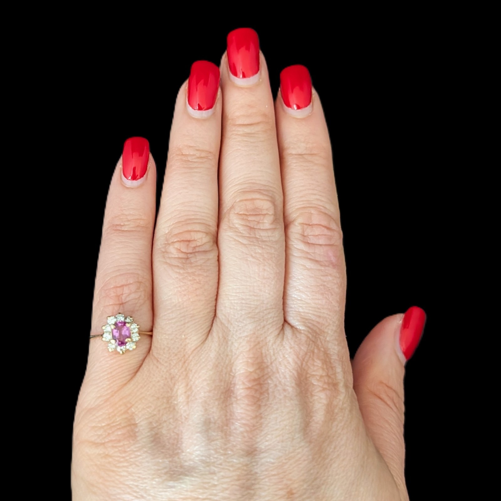 Vintage Pink Sapphire Diamonds 14k Yellow Gold Halo Ring Estate Jewelry Gift