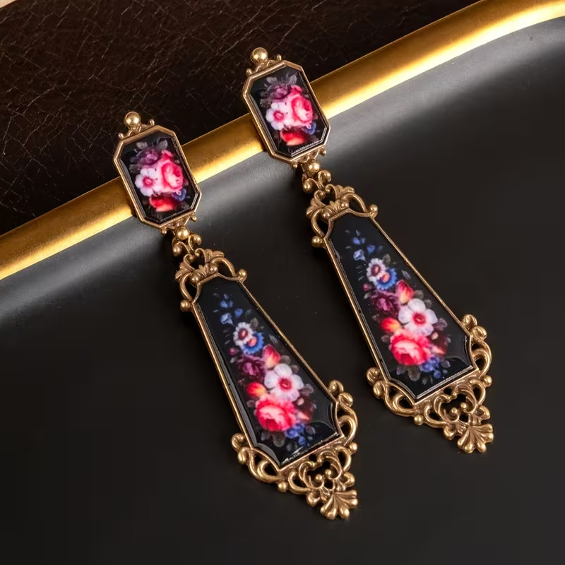 Vintage Floral Dangle Earrings Antique Gold Tone Pink Rose Statement Boho
