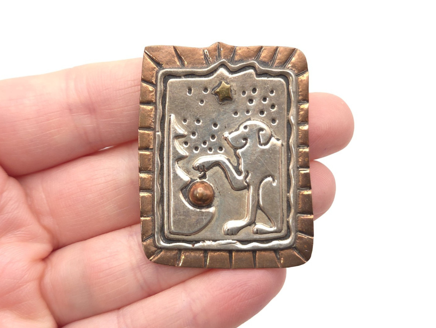 Vintage Sterling Copper Brass Christmas Tree Dog Ornament Holiday Brooch Pin