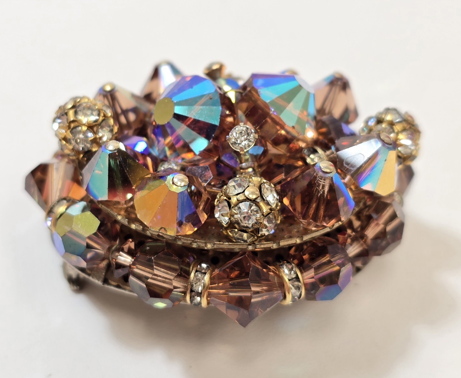 Vintage Large Clear Rhinestone Layered Dark Topaz AB Crystal Bead Brooch