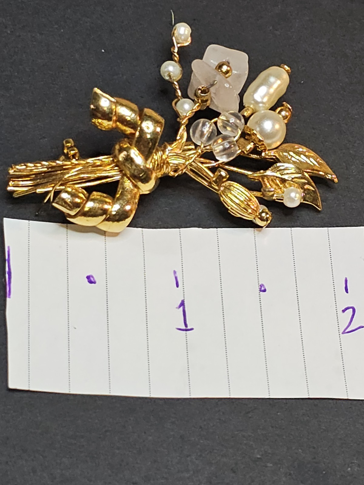 Vintage Floral Spray Brooch Gold tone Faux Pearls Pink Stone Chips Delicate Pin