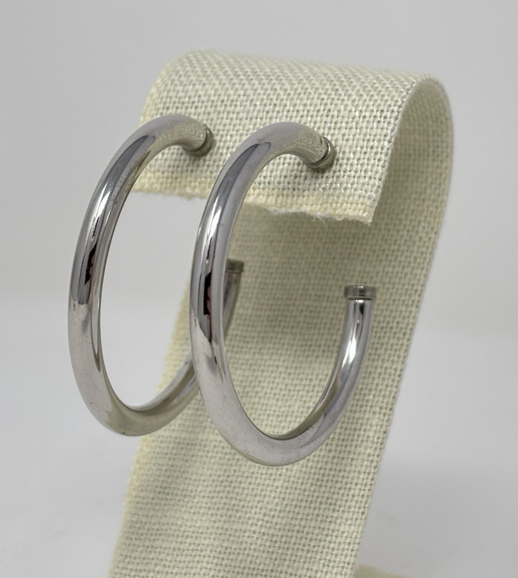 Vintage 90’s MONET Large Tube Hoop Earrings Silver Tone 4mm