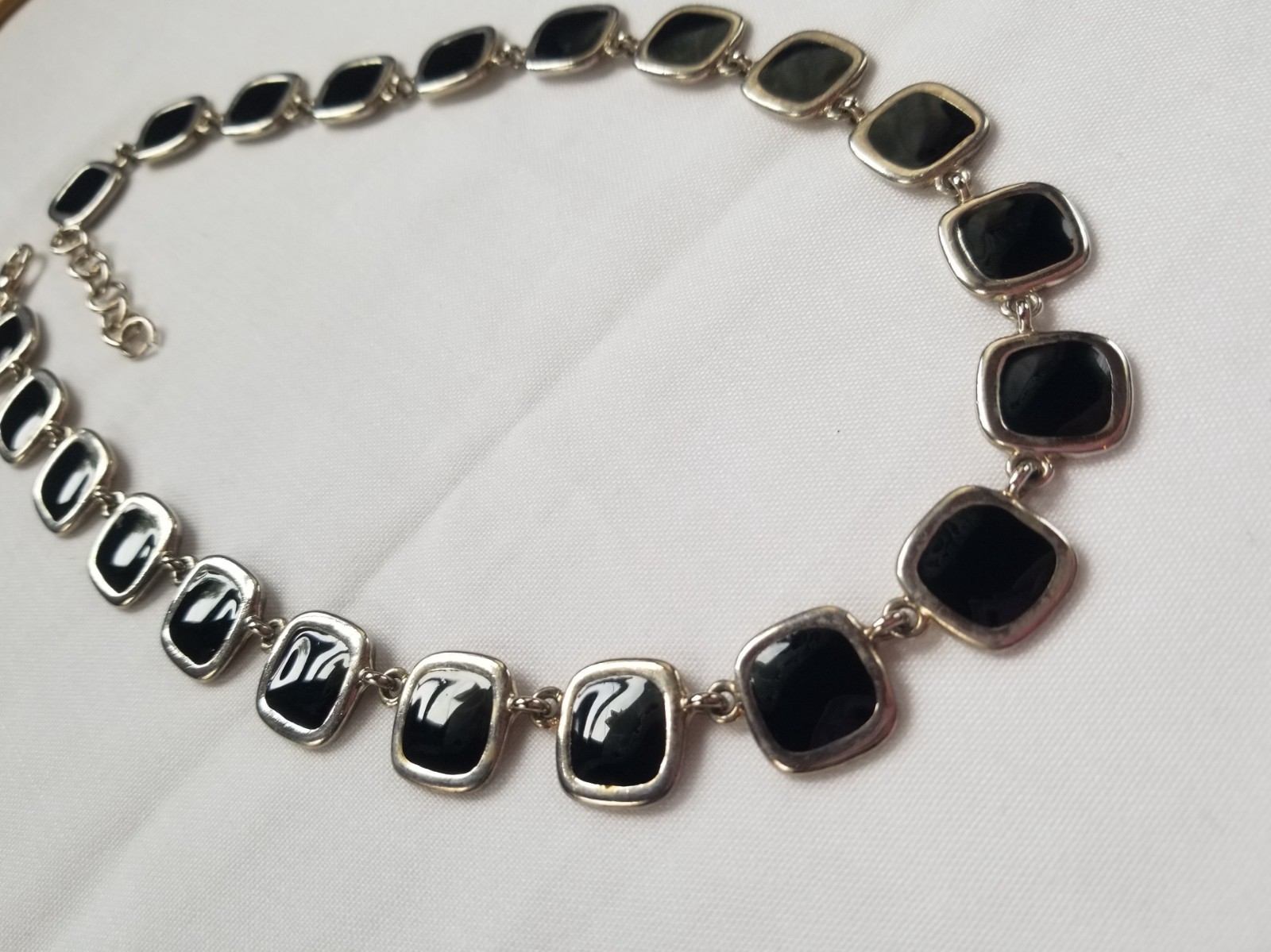 Vintage 1970s Black and Cream Enamel Geometric Necklace Reversible Silvertone