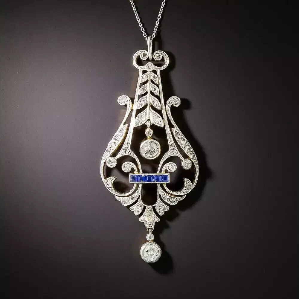 2Ct Art Deco Style Lab Created Diamond & Sapphire 14k White Gold Finish Pendant